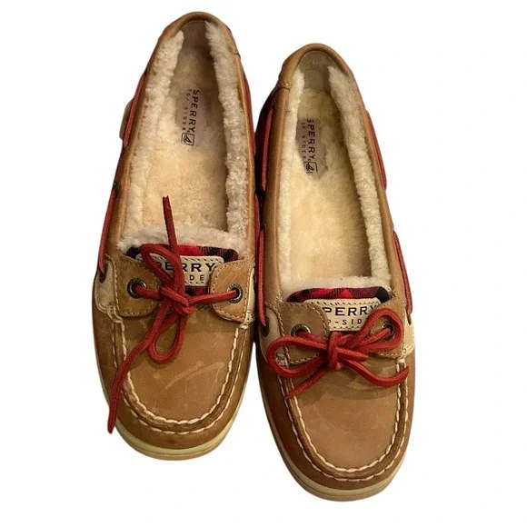 Sperry Top Sider Leather With Lambswool Shoes Womens Size 6M Brown Red Plaid - Picture 5 of 12